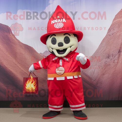 Personnage De Costume De Mascotte Redbrokoly Fire Eater Habillé Avec Un Cover-Up Et Des Sacs Fourre-Tout