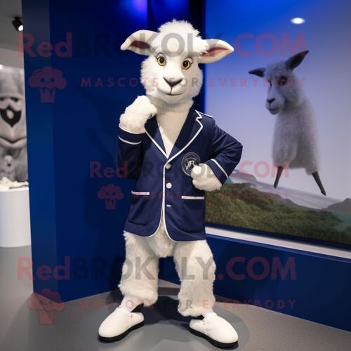 Costume De Mascotte Redbrokoly De Chèvre Angora Bleu Marine Habillé D'une Veste Et De Lacets