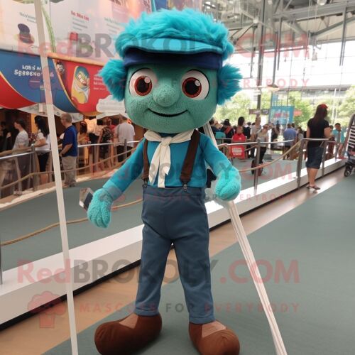 Personnage De Costume De Mascotte Redbrokoly Teal Tightrope Walker Habillé D'une Chemise En Popeline Et De Sacs À Dos