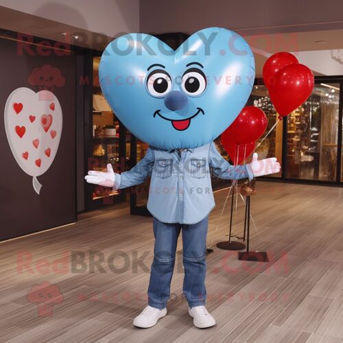 Personnage De Costume De Mascotte Redbrokoly De Ballons En Forme De Coeur Bleu Ciel Habillé D'une Chemise En Jean Et De Boutons De Manchett