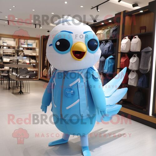 Personnage De Costume De Mascotte Redbrokoly Colombe Bleu Ciel Habillé D'un Maillot De Bain Une Pièce Et De Sacs À Dos
