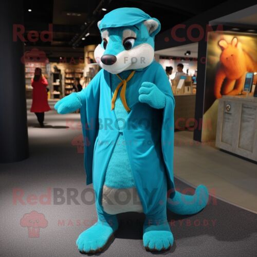 Mascotte Redbrokoly De Personnage De Belette Turquoise Habillée D'un Cache-Maillot Et De Lacets