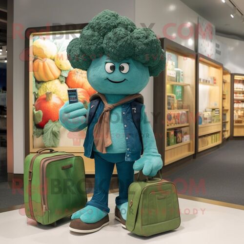 Personnage De Costume De Mascotte Redbrokoly De Brocoli Bleu Sarcelle Habillé D'un Jean Skinny Et De Sacs À Main