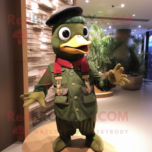 Personnage De Costume De Mascotte Redbrokoly Olive Woodpecker Habillé D'un Rash Guard Et De Bérets