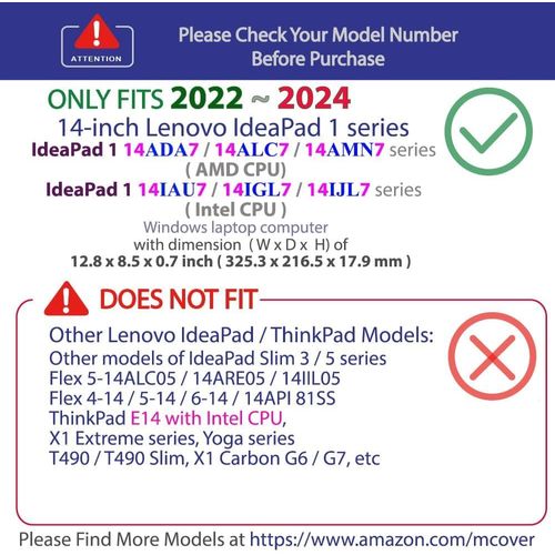Étui Compatible Uniquement Avec Lenovo Ideapad 1 Series 2022-2024 14" (14Ada7 / 14Alc7 / 14Amn7 / 14Iau7 / 14Igl7 / 14Ijl7) Ordinateurs Portables Windows 14" (Ne Convient Pas Aux Autres[L2420]