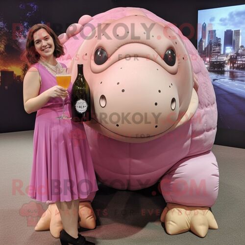 Personnage De Costume De Mascotte Redbrokoly De Glyptodon Rose Habillé D'une Robe De Cocktail Et De Cravates