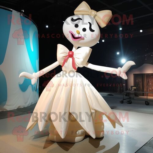 Personnage De Costume De Mascotte Redbrokoly D'acrobate Crème Habillé D'une Robe De Soirée Et De Noeuds Papillon