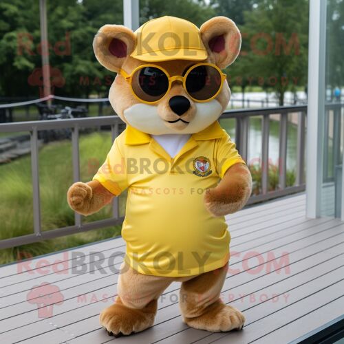 Personnage De Costume De Mascotte Redbrokoly Dormouse Doré Habillé D'un Polo Et De Lunettes De Soleil