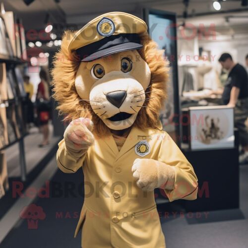 Personnage De Costume De Mascotte Redbrokoly Lion D'or Habillé D'une Chemise Oxford Et De Bérets
