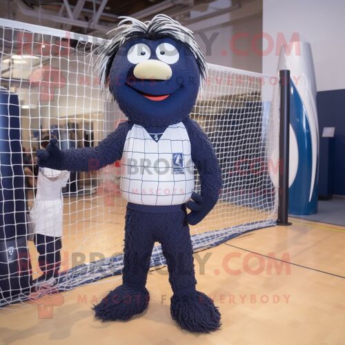 Personnage De Costume De Mascotte Redbrokoly De Filet De Volley-Ball Bleu Marine Habillé D'un Pantalon De Costume Et De Ceintures