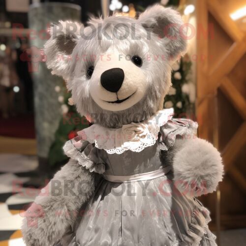 Mascotte Redbrokoly De Personnage En Argent Teddy Bear Habillé D'une Robe Et D'épingles À Cheveux