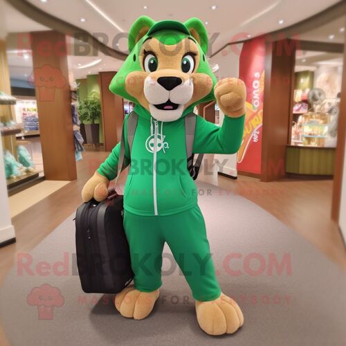 Personnage De Costume De Mascotte Redbrokoly Green Mountain Lion Habillé Avec Un Legging Et Des Sacs À Main