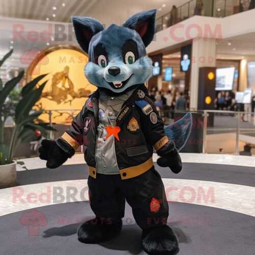Personnage De Costume De Mascotte Redbrokoly De Renard Noir Habillé D'un Blouson Aviateur Et D'épinglettes