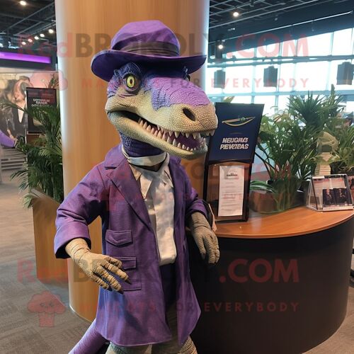Personnage De Costume De Mascotte Redbrokoly Spinosaurus Violet Habillé D'un Chemisier Et D'épingles À Chapeau