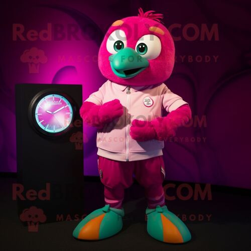 Personnage De Costume De Mascotte Redbrokoly Magenta Kiwi Habillé D'une Chemise En Popeline Et De Montres Numériques