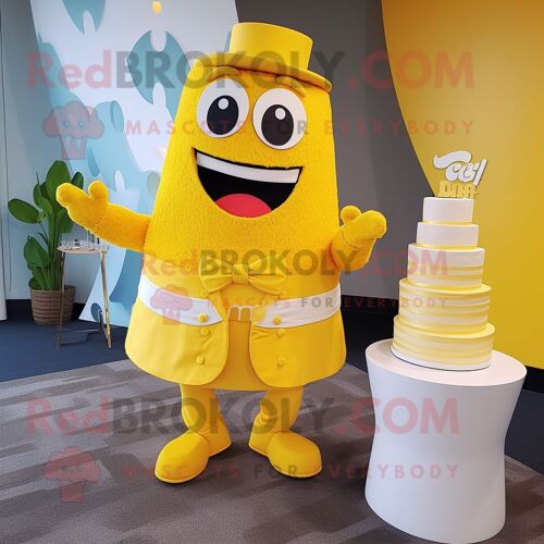Personnage De Costume De Mascotte Redbrokoly De Gâteau De Mariage Jaune Habillé D'un T-Shirt Et De Cravates