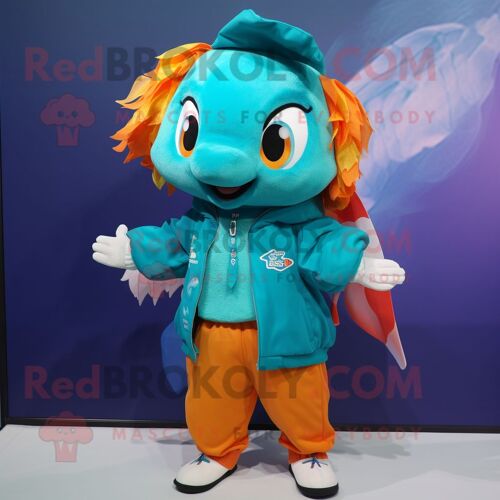 Personnage De Costume De Mascotte Redbrokoly De Poisson Rouge Bleu Sarcelle Habillé D'un Coupe-Vent Et De Pinces À Cheveux