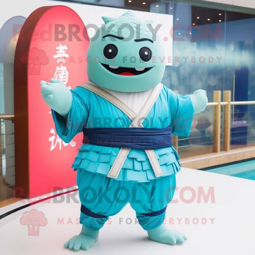 Personnage De Costume De Mascotte Redbrokoly Cyan Dim Sum Habillé Avec Un Maillot De Bain Et Des Ceintures