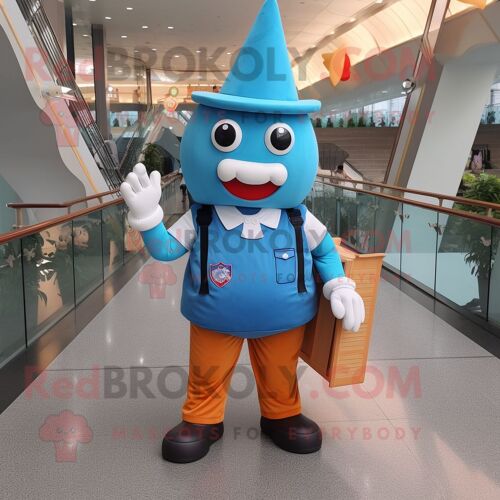 Personnage De Costume De Mascotte Redbrokoly De Cornet De Crème Glacée Bleu Habillé D'une Salopette Et De Sacs Messenger
