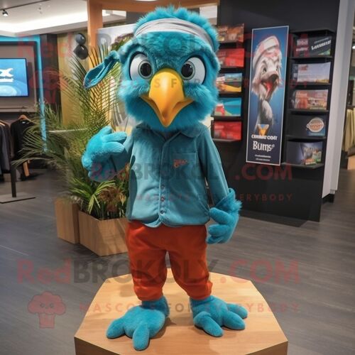 Personnage De Costume De Mascotte Redbrokoly De Perroquet Bleu Sarcelle Habillé D'un Jean Skinny Et De Bandeaux