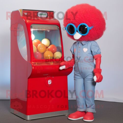 Personnage De Costume De Mascotte Redbrokoly Red Gumball Machine Habillé Avec Un Mom Jeans Et Des Lunettes De Soleil