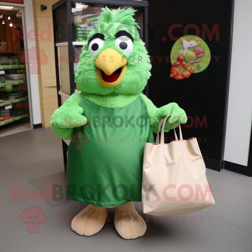 Personnage De Costume De Mascotte Redbrokoly De Poulet Vert Parmesan Habillé D'une Jupe Portefeuille Et De Sacs Fourre-Tout