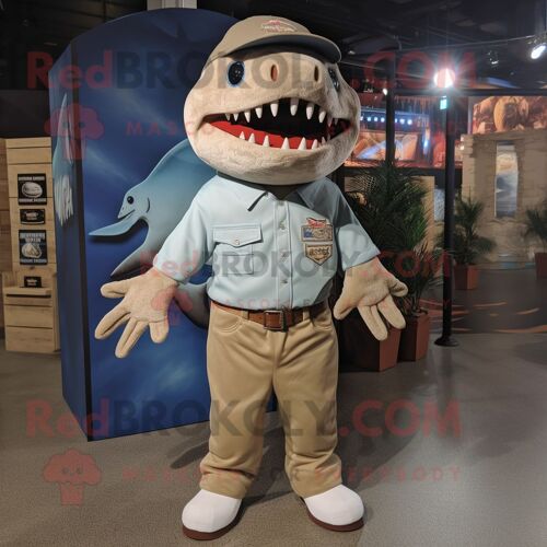 Personnage De Costume De Mascotte Redbrokoly De Requin Bronzé Habillé D'une Chemise Boutonnée Et De Coussinets Pour Les Pieds