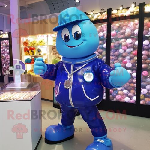 Personnage De Costume De Mascotte Redbrokoly De Chocolats Bleus Habillé D'un Blouson Aviateur Et De Montres Intelligentes
