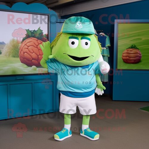 Personnage De Costume De Mascotte Redbrokoly Turquoise Corned Beef And Cabbage Habillé D'un T-Shirt Polo Et De Casquettes