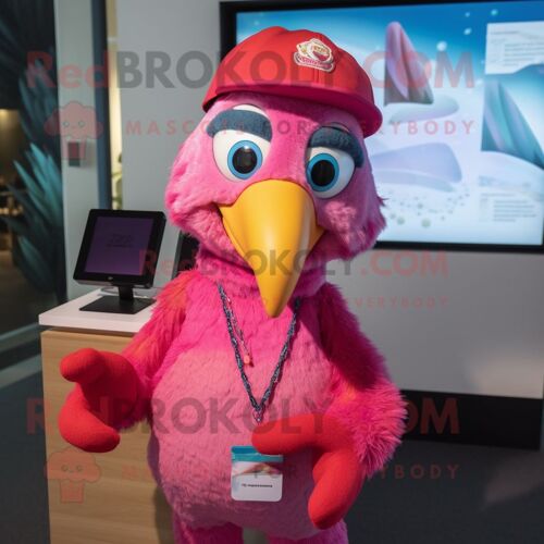 Mascotte Redbrokoly De Personnage De Perroquet Rose Habillé D'un Maillot De Bain Et De Bonnets