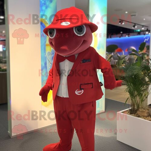 Personnage De Costume De Mascotte Redbrokoly De Thon Rouge Habillé D'un Pantalon De Costume Et De Casquettes