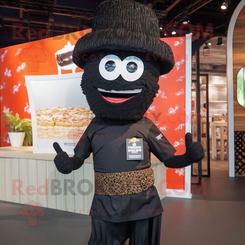 Personnage De Costume De Mascotte Redbrokoly De Pad Thai Noir Habillé D'un T-Shirt Graphique Et D'épingles À Chapeau