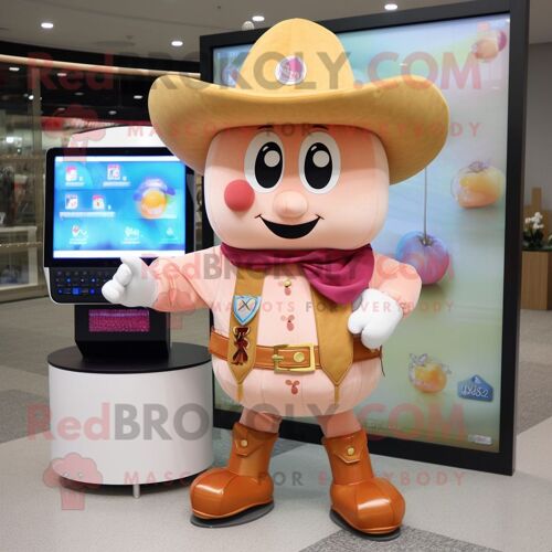 Personnage De Costume De Mascotte Redbrokoly Peach Cowboy Habillé Avec Un Cover-Up Et Des Montres Numériques