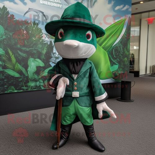 Costume De Mascotte Redbrokoly D'espadon Vert Forêt Personnage Habillé D'un Manteau Et De Pochettes