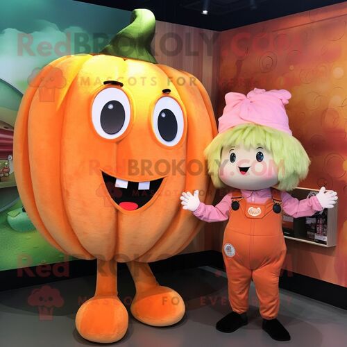Personnage De Costume De Mascotte Redbrokoly Peach Pumpkin Habillé D'une Salopette Et De Pinces À Cheveux