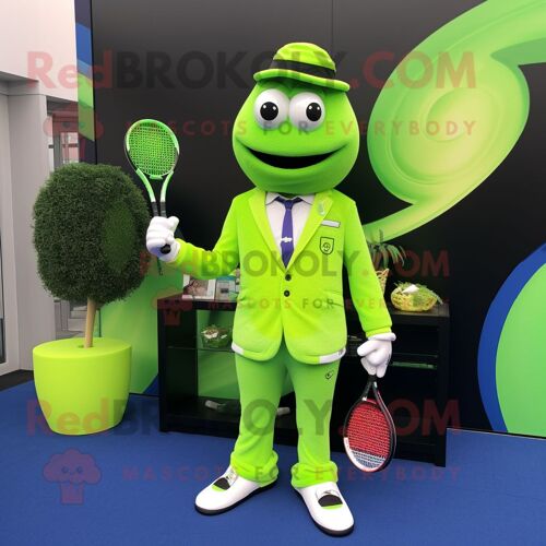 Personnage De Costume De Mascotte Redbrokoly De Raquette De Tennis Vert Citron Vêtu D'une Veste De Costume Et De Montres Numériques