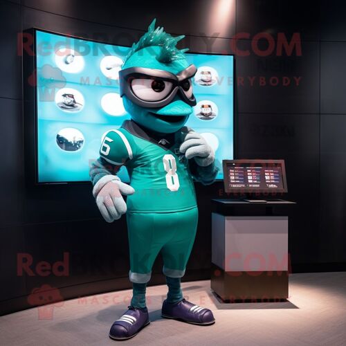 Personnage De Costume De Mascotte Redbrokoly De Casque De Football Américain Bleu Sarcelle Habillé D'une Robe De Cocktail Et De Montres Num