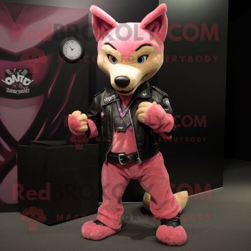 Costume De Mascotte Redbrokoly Pink Dingo Habillé D'une Veste En Cuir Et D'un Bracelet Montres