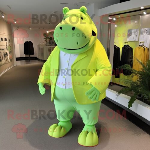 Personnage De Costume De Mascotte Redbrokoly D'hippopotame Vert Citron Vêtu D'un Pantalon De Costume Et De Coussinets Pour Les Pieds