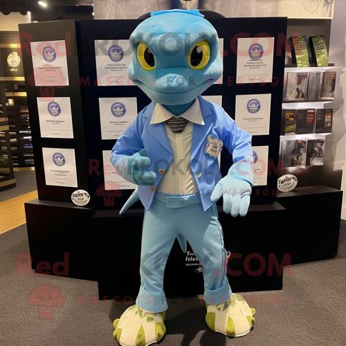 Personnage De Costume De Mascotte Redbrokoly De Geckos Bleu Ciel Habillé D'une Chemise Oxford Et De Porte-Monnaie