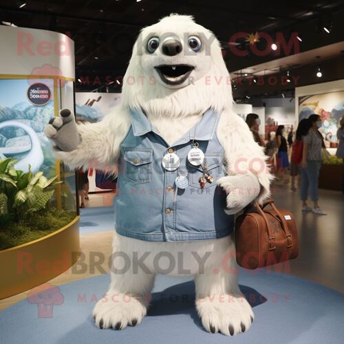 Personnage De Costume De Mascotte Redbrokoly De Paresseux Géant Blanc Habillé D'un Short En Jean Et De Porte-Monnaie