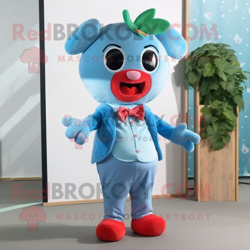 Personnage De Costume De Mascotte Redbrokoly De Fraise Bleu Ciel Habillé D'une Combinaison Et De Noeuds Papillon