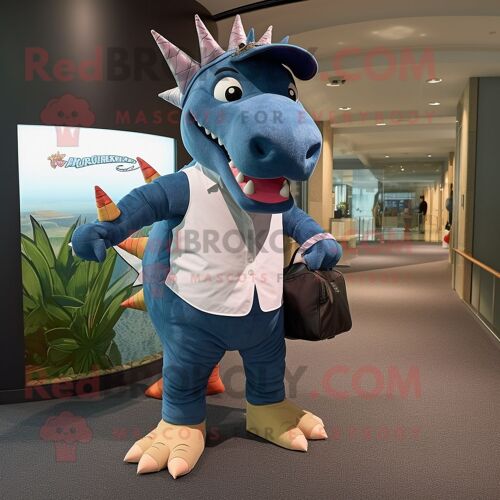 Personnage De Costume De Mascotte Redbrokoly Stegosaurus Bleu Marine Habillé D'un Jean Boyfriend Et De Sacs À Main