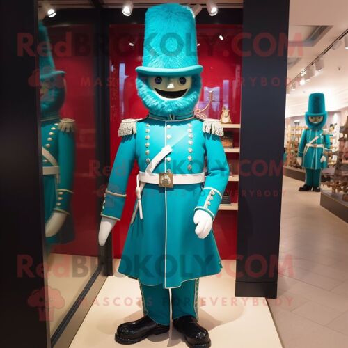 Personnage De Costume De Mascotte Redbrokoly De La Garde Royale Britannique Turquoise Habillé D'une Robe De Cocktail Et De Boucles D'oreill