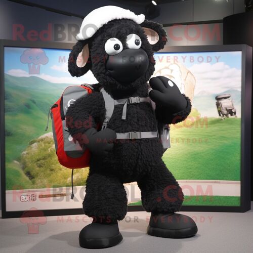 Personnage De Costume De Mascotte Redbrokoly De Mouton Noir Habillé D'une Combinaison Et De Sacs À Dos