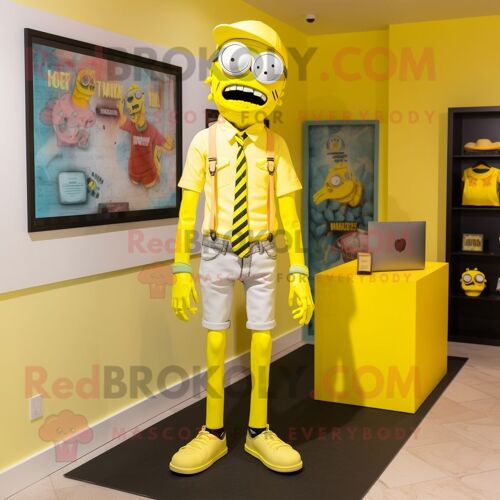 Personnage De Costume De Mascotte Redbrokoly De Mort-Vivant Jaune Citron Habillé D'une Chemise Oxford Et De Boucles D'oreilles