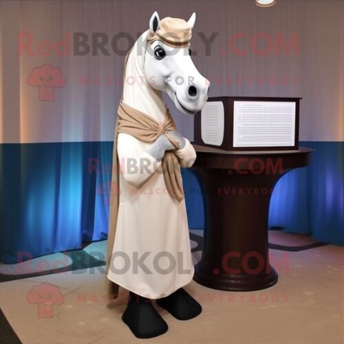Mascotte Redbrokoly De Personnage De Jument Beige Habillée D'un Smoking Et D'épingles À Châle