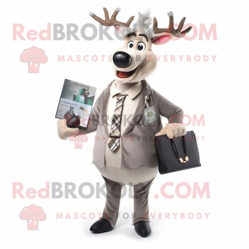 Personnage De Costume De Mascotte Redbrokoly De Renne Argenté Habillé D'un Costume Et De Portefeuilles