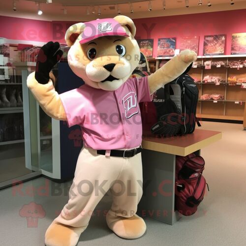 Personnage De Costume De Mascotte Redbrokoly Pink Mountain Lion Habillé Avec Un T-Shirt De Baseball Et Des Sacs À Main