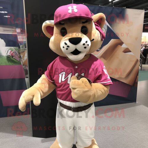 Personnage De Costume De Mascotte Redbrokoly Pink Mountain Lion Habillé Avec Un T-Shirt De Baseball Et Des Sacs À Main